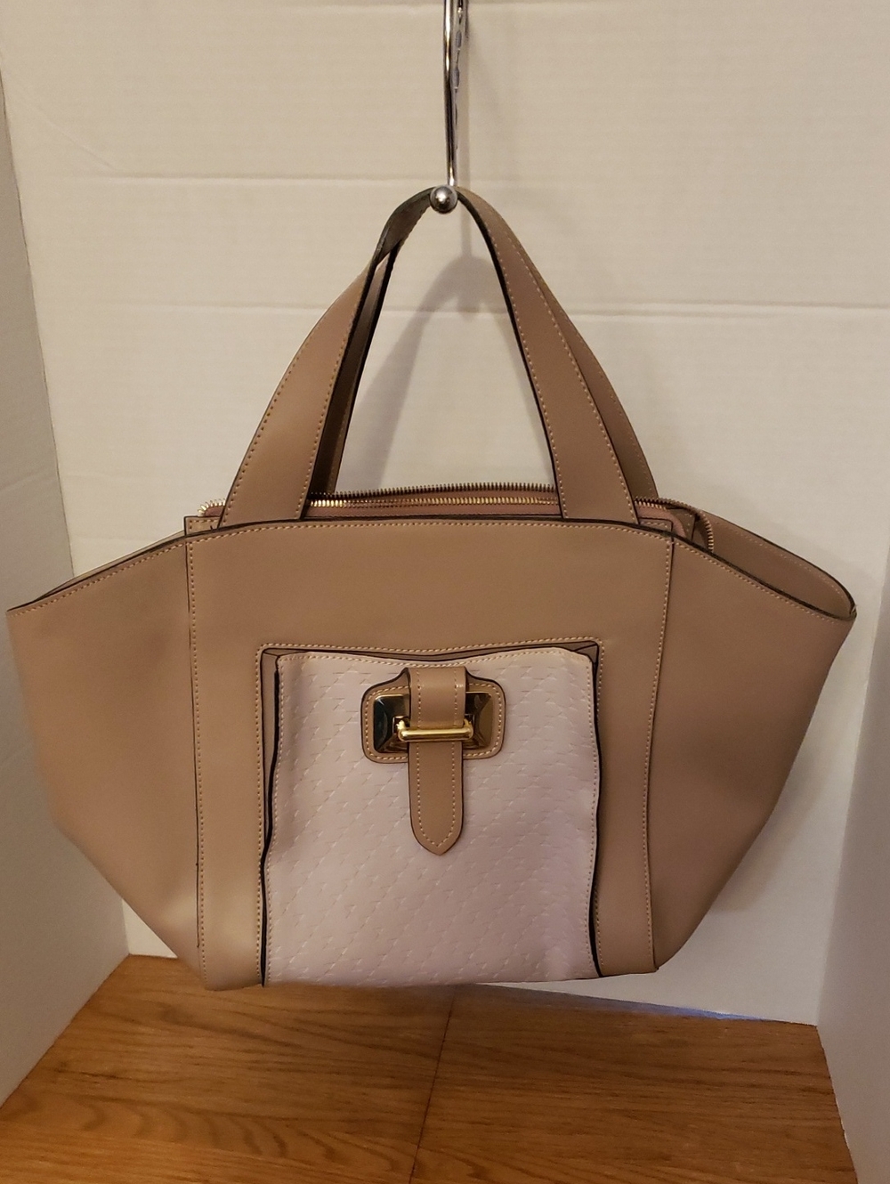 NICOLI Two-Tone Taupe and Light Cream Tote with Front Pocket